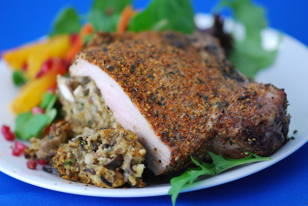 Bacon, Blue Cheese And Pear Stuffed Pork Chops