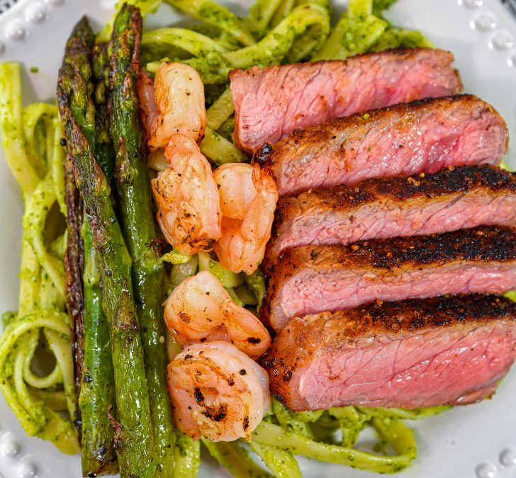 Steak and Shrimp Pesto Sauce Linguine 🍤🥩