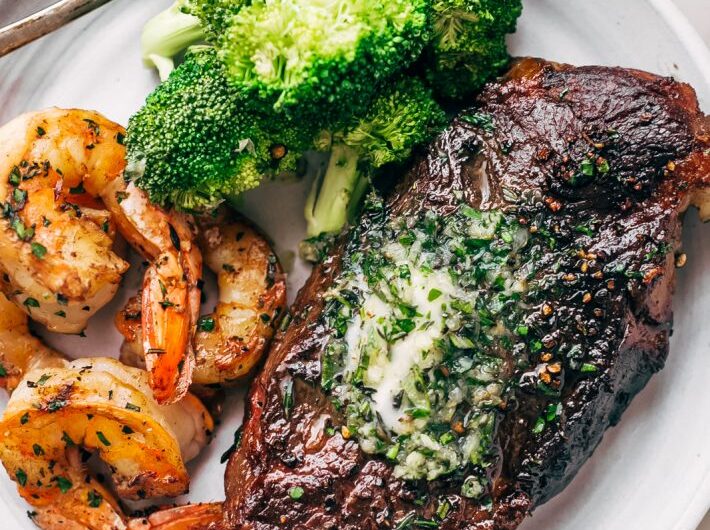 Steak with Shrimp and Garlic Butter Potatoes Recipe