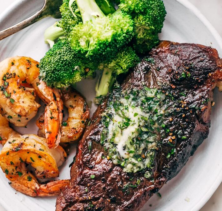 Steak with Shrimp and Garlic Butter Potatoes Recipe